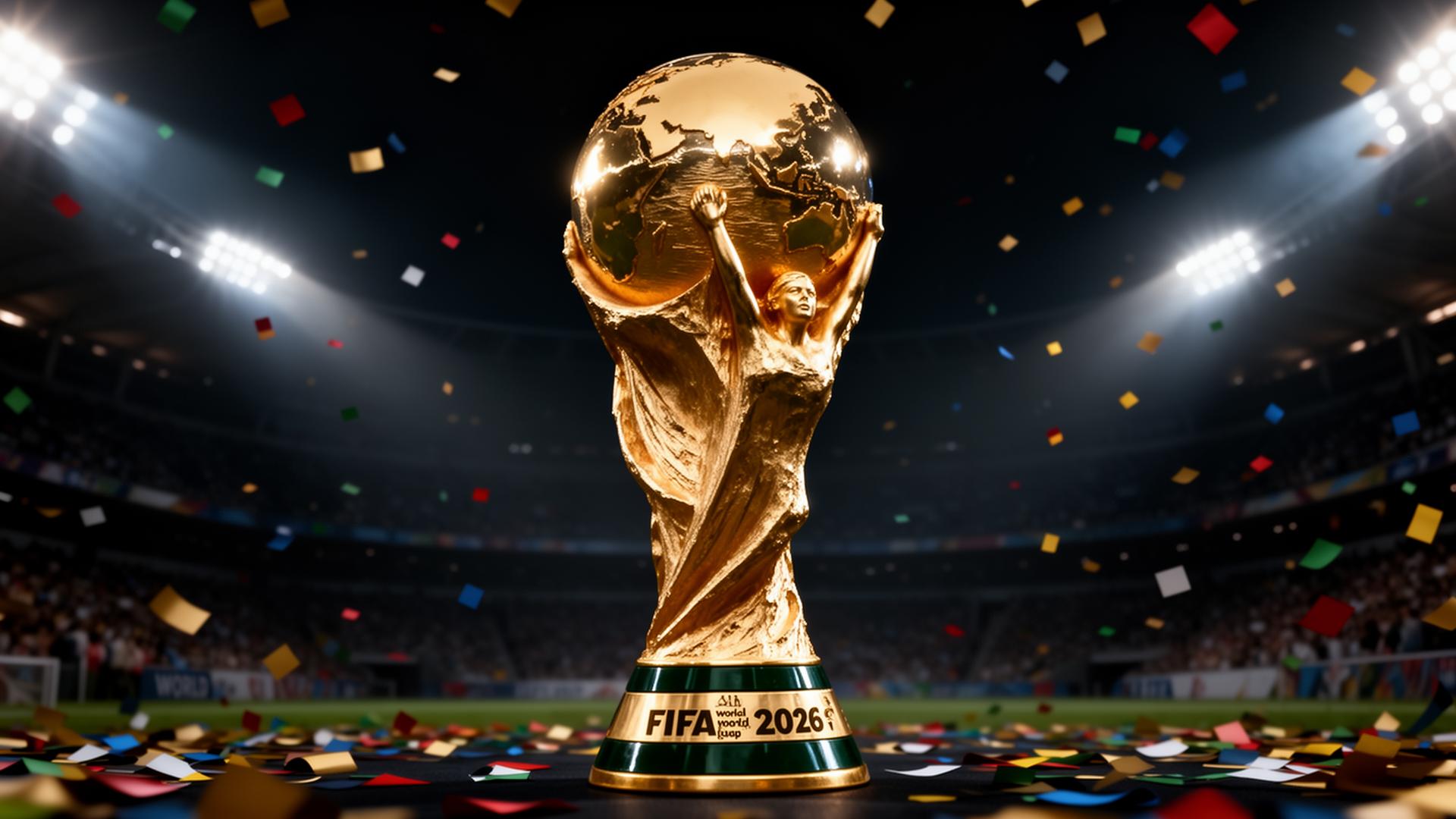 Troféu do Mundial 2026 com bandeiras das nações